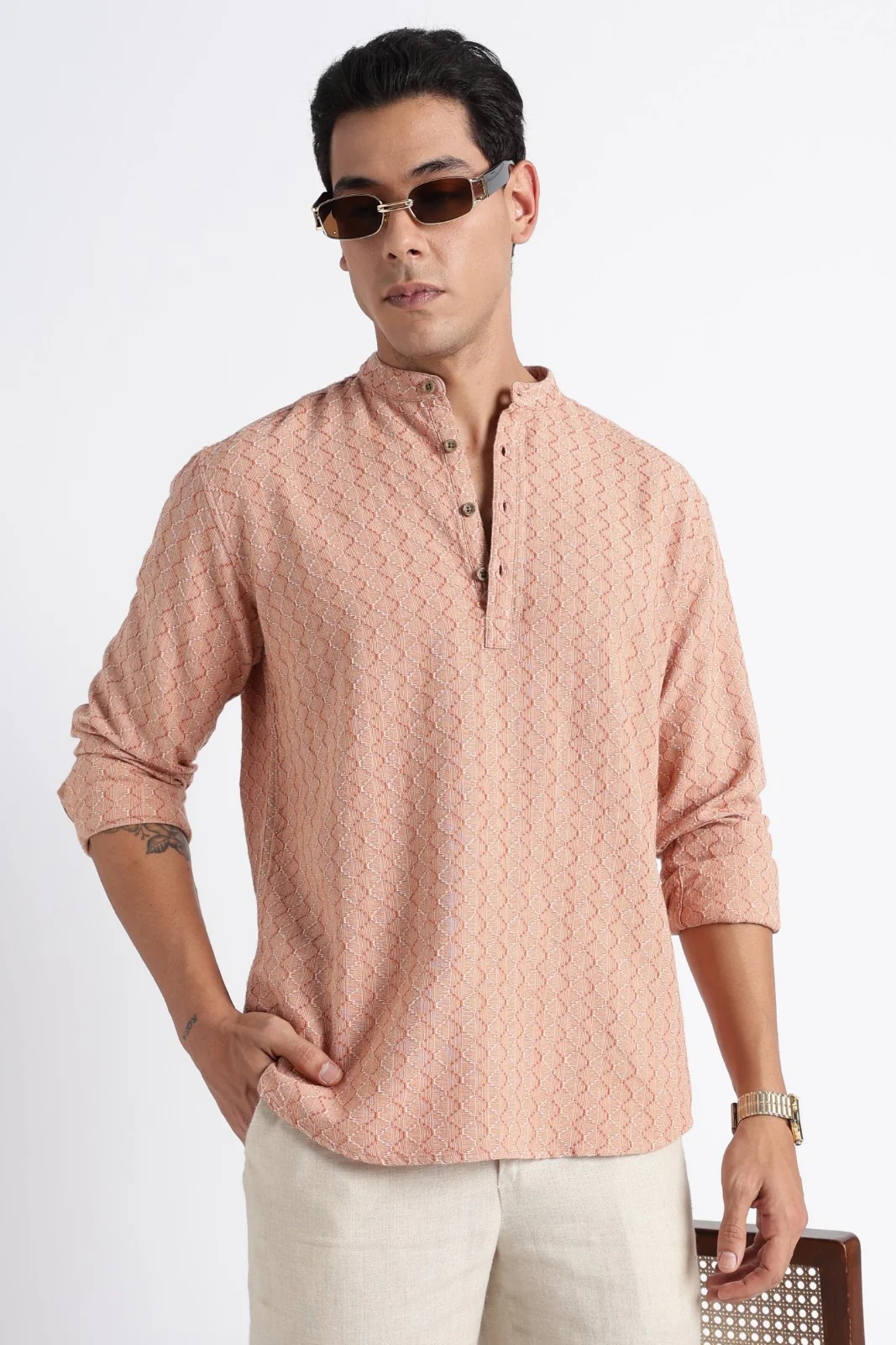 Apricot Orange Cotton Dobby Short Kurta - Image 5