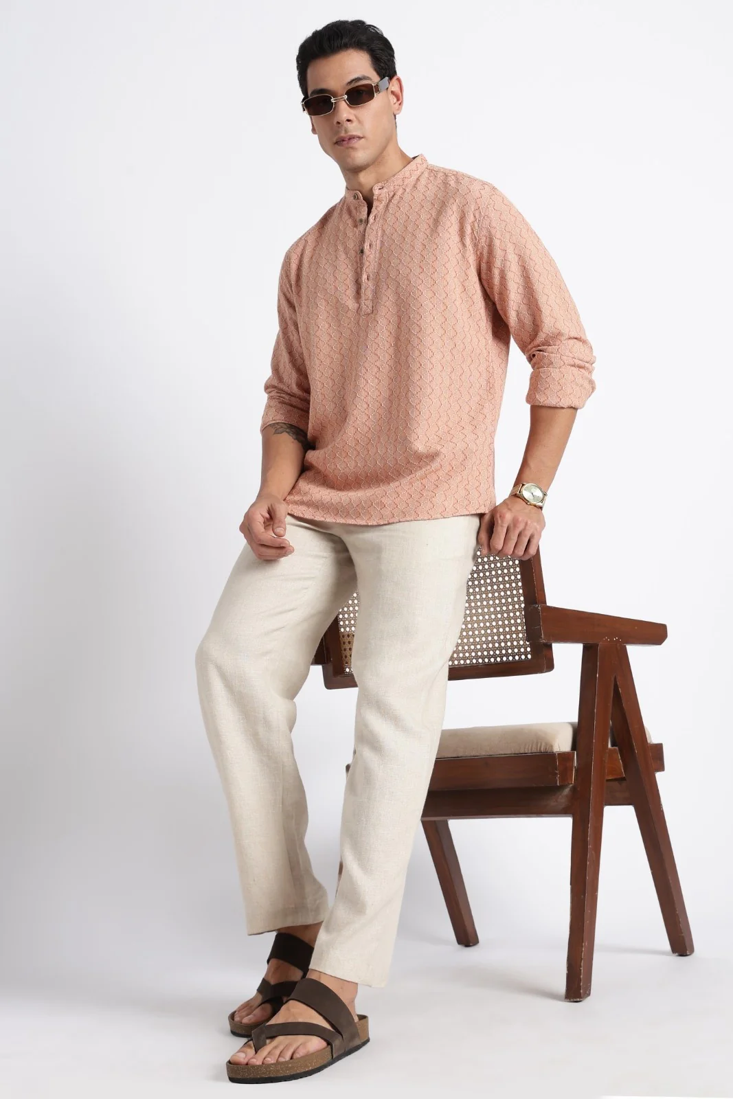 Apricot Orange Cotton Dobby Short Kurta - Image 6