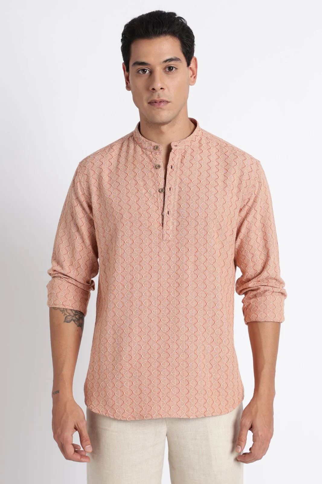 Apricot Orange Cotton Dobby Short Kurta - Image 7