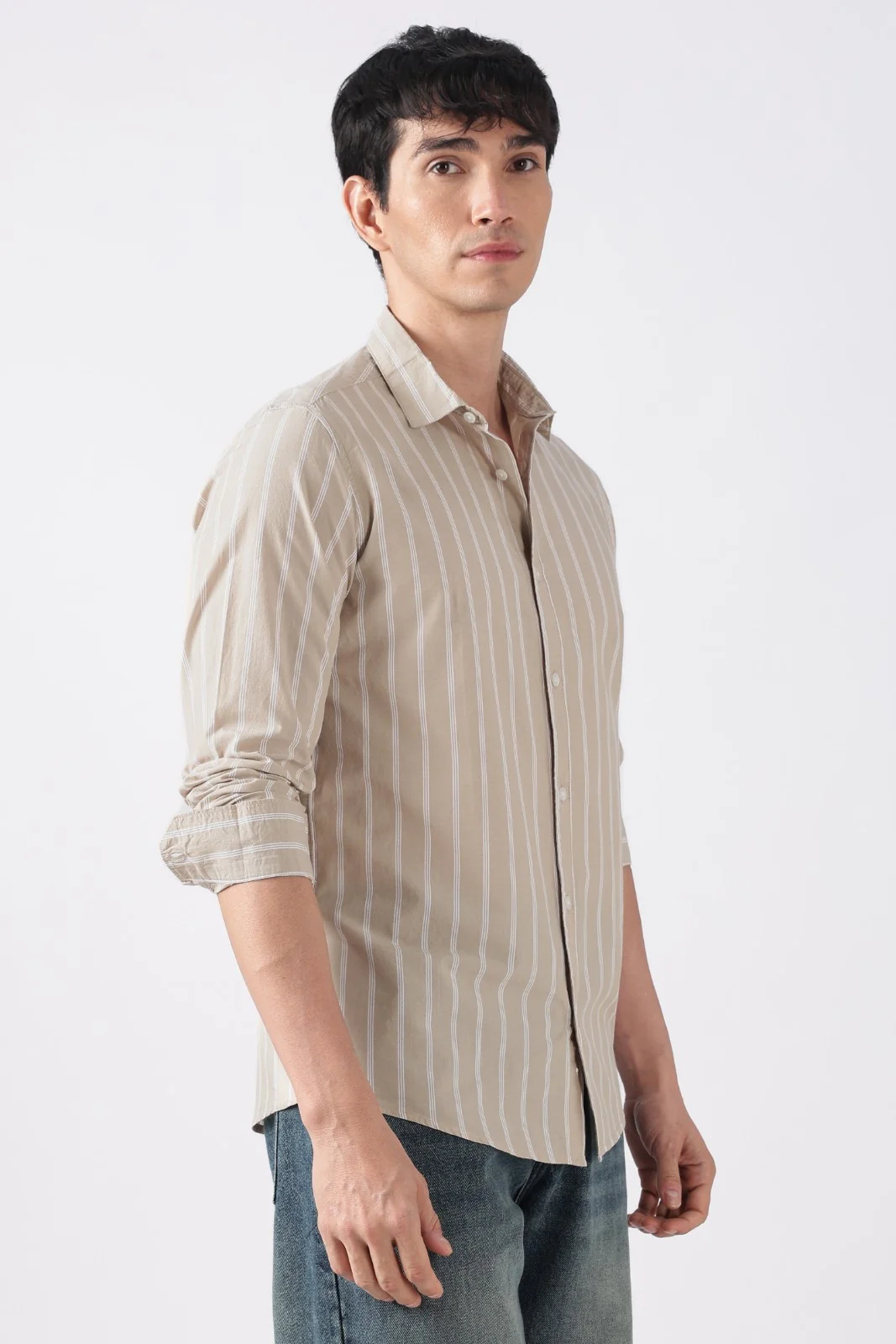 Beige Mist Subtle Stripe Cotton Shirt - Image 4