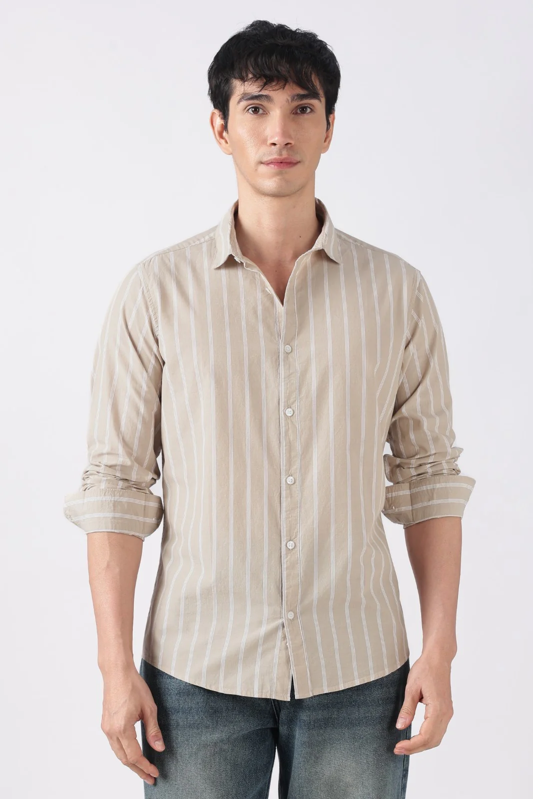 Beige Mist Subtle Stripe Cotton Shirt - Image 7