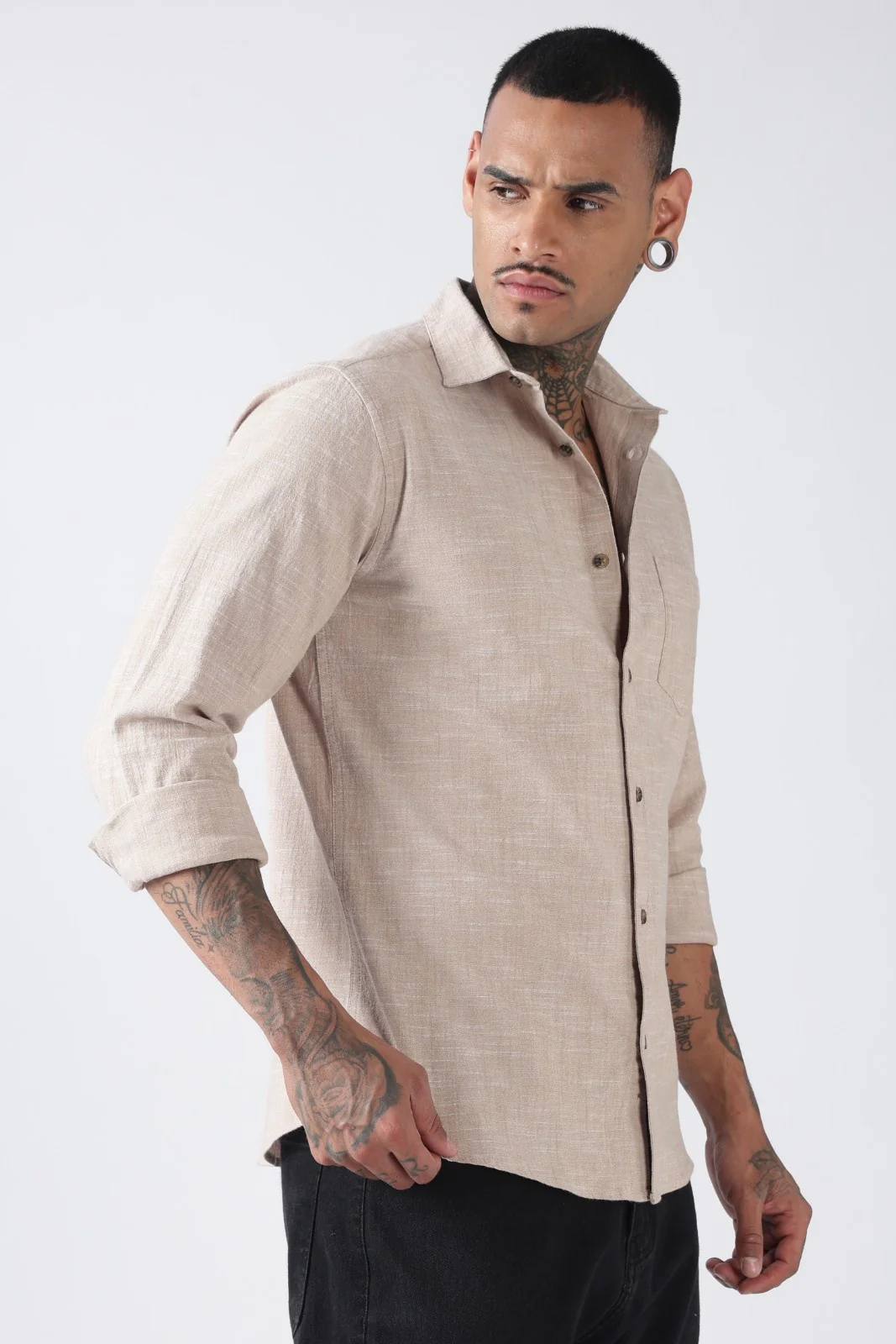 Beige Textured Cotton Casual Shirt - Image 5