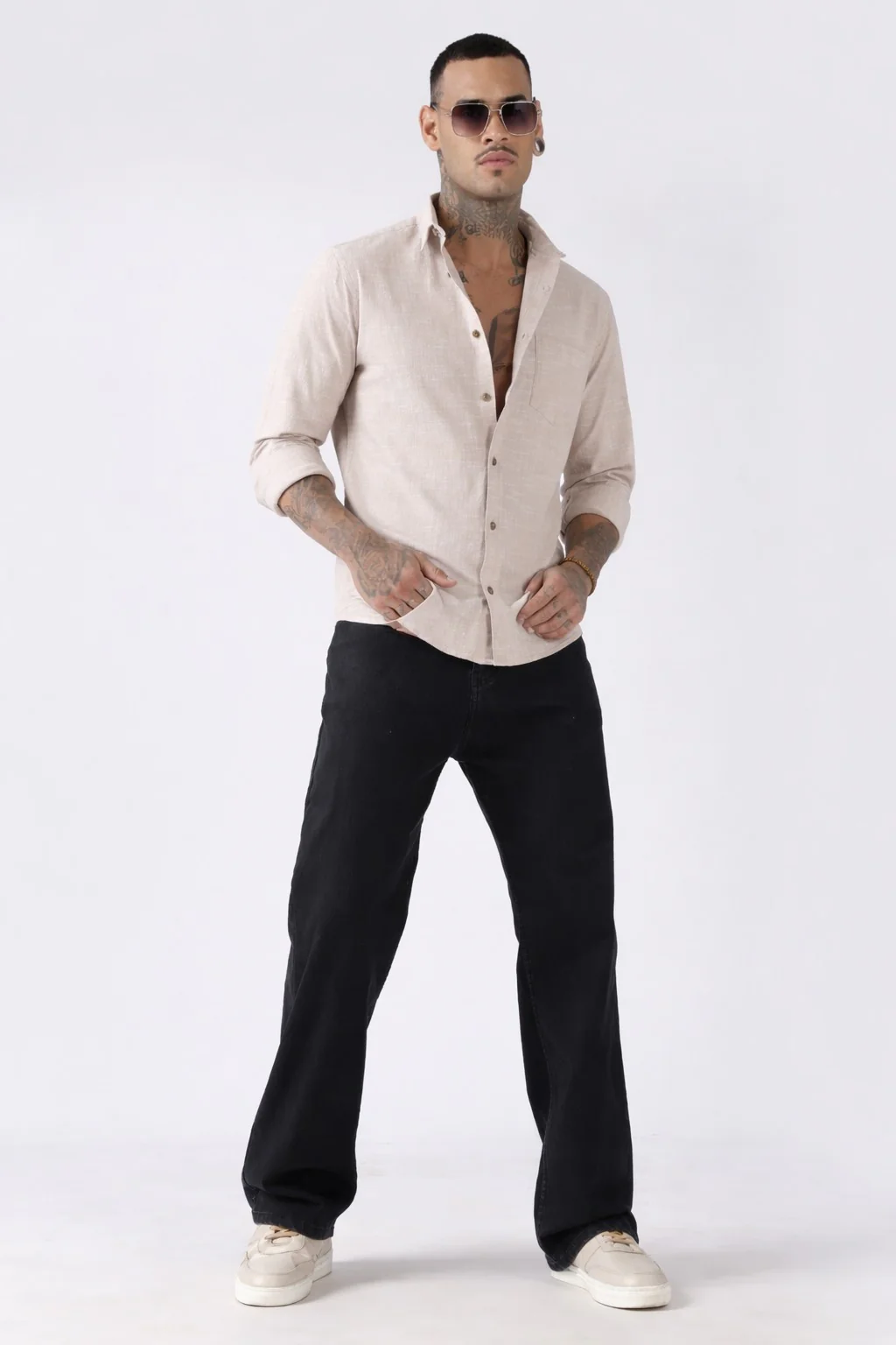 Beige Textured Cotton Casual Shirt - Image 6