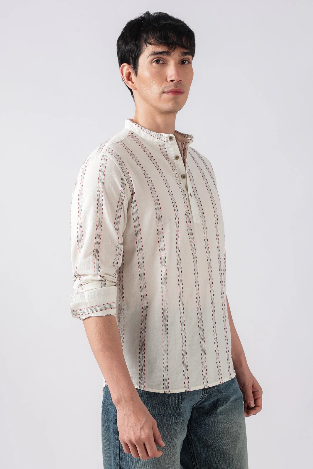 Chalk White Dobby Stripe Short Kurta - Image 2