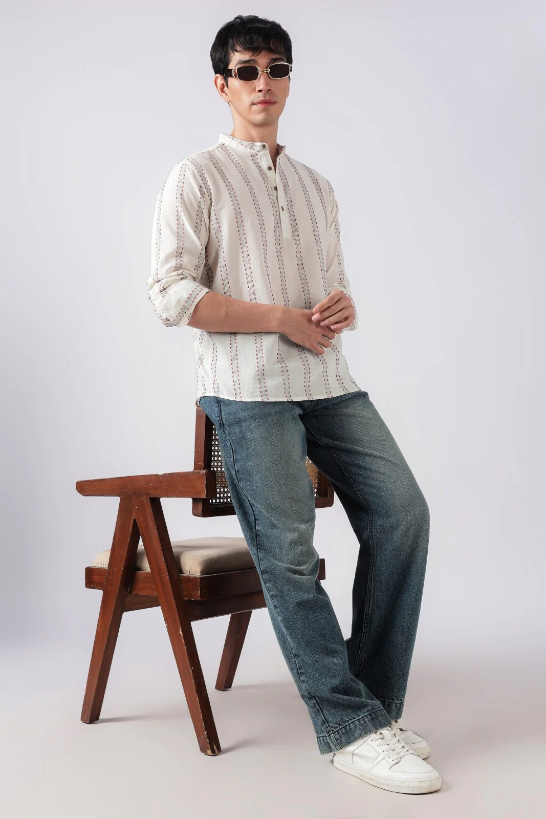 Chalk White Dobby Stripe Short Kurta - Image 5
