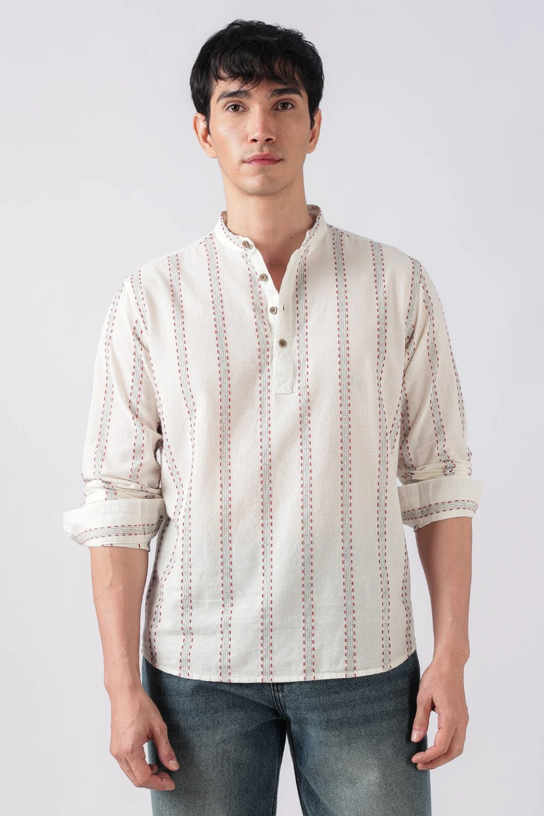 Chalk White Dobby Stripe Short Kurta - Image 6