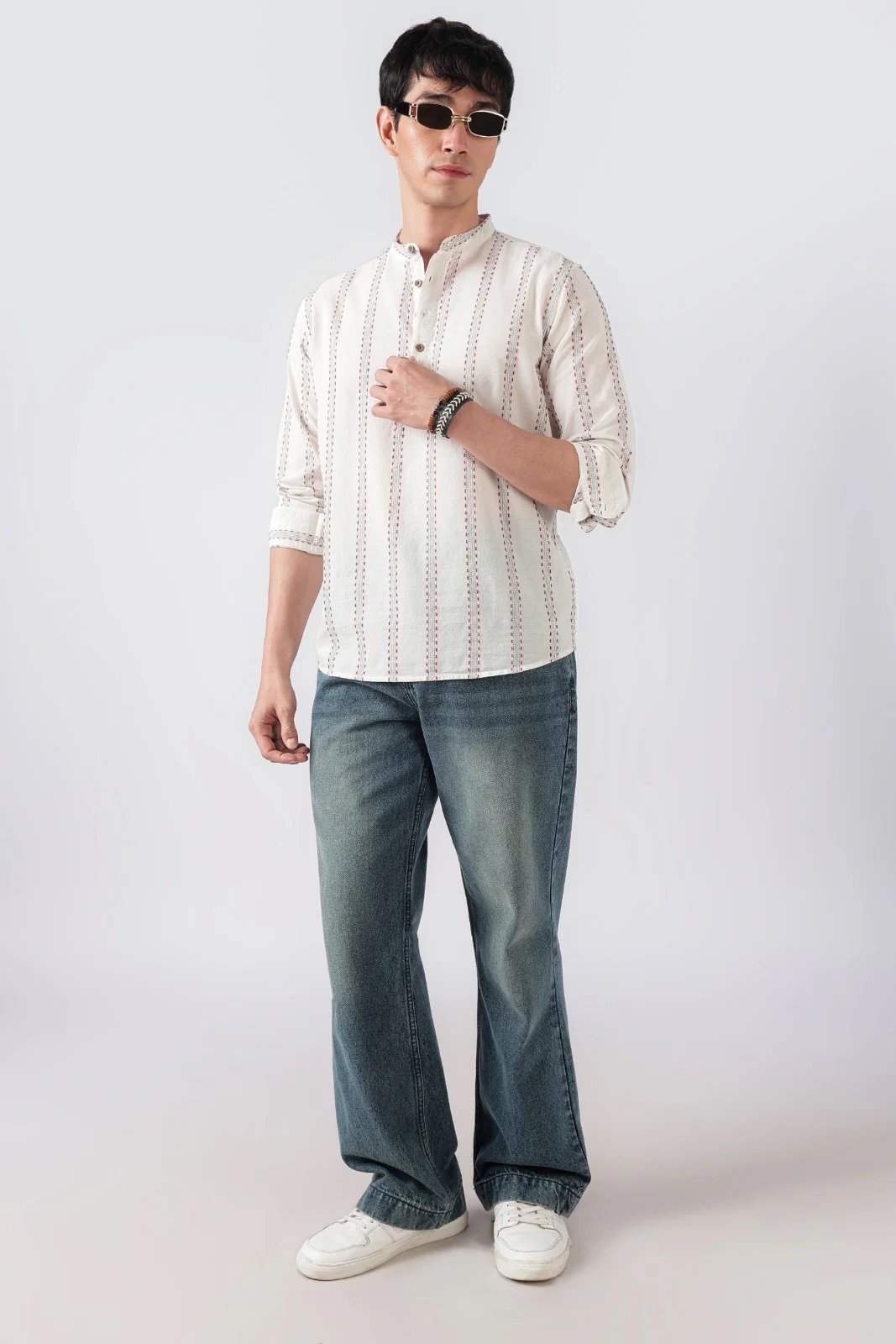 Chalk White Dobby Stripe Short Kurta - Image 7