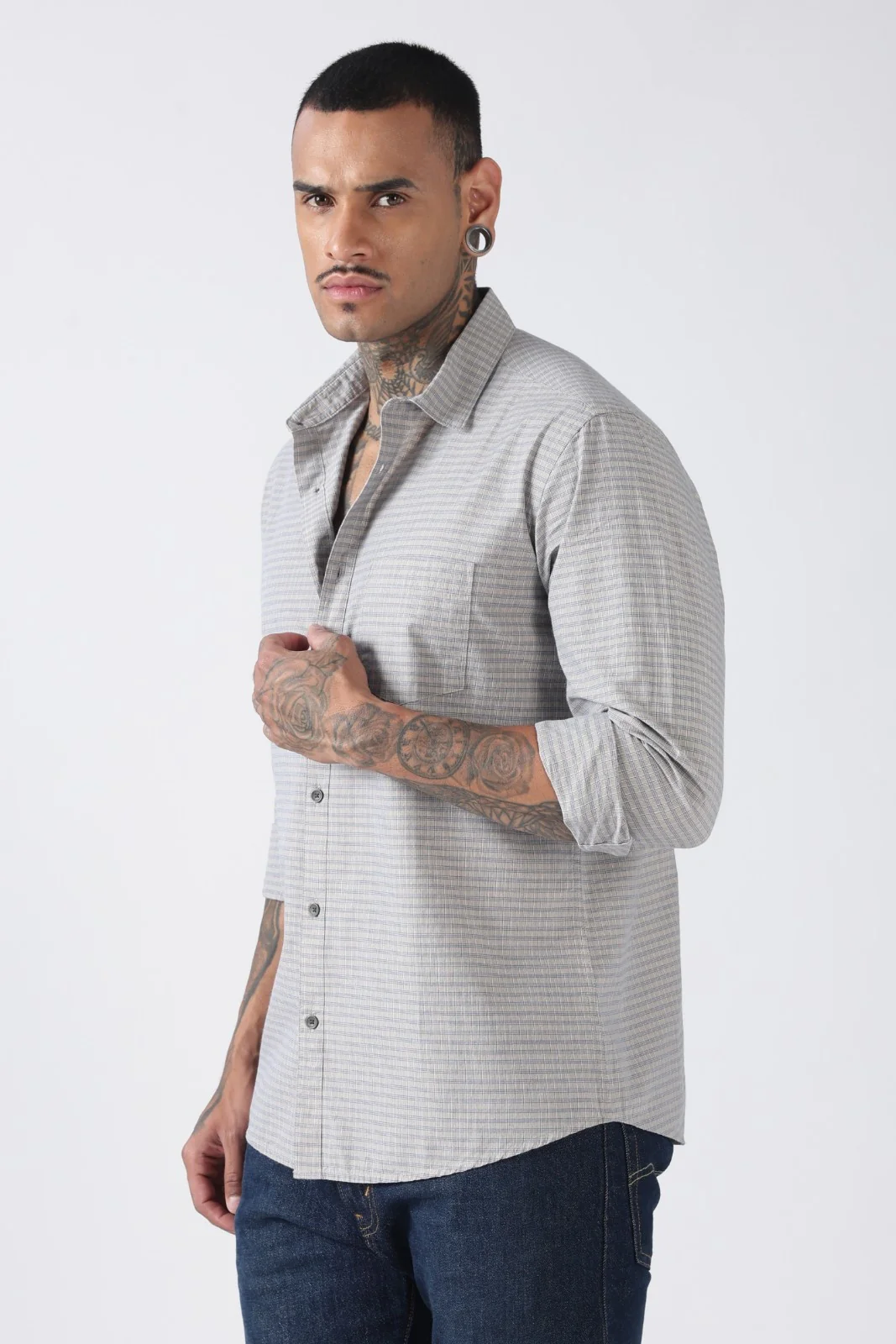 Cloud Grey Micro Check Cotton Shirt - Image 3