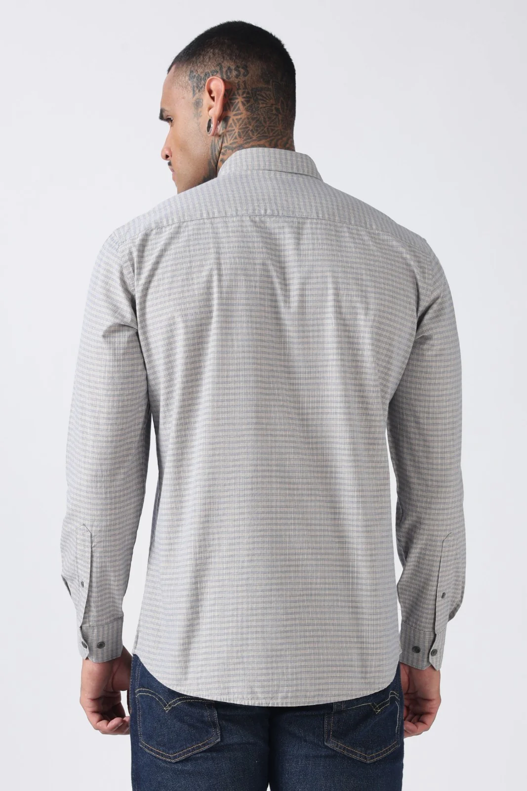 Cloud Grey Micro Check Cotton Shirt - Image 5