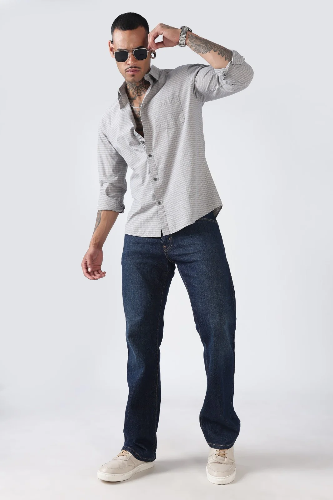 Cloud Grey Micro Check Cotton Shirt - Image 7