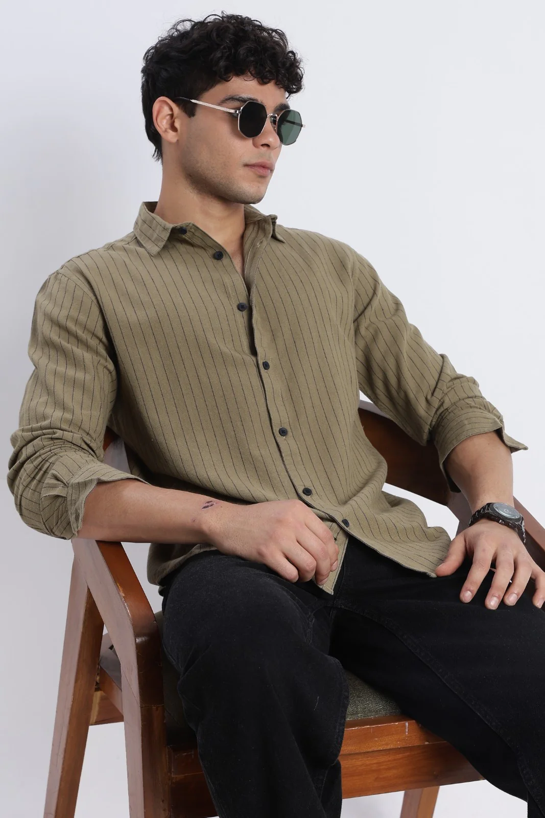 Dark Olive Pinstripe Linen Blend Shirt - Image 2