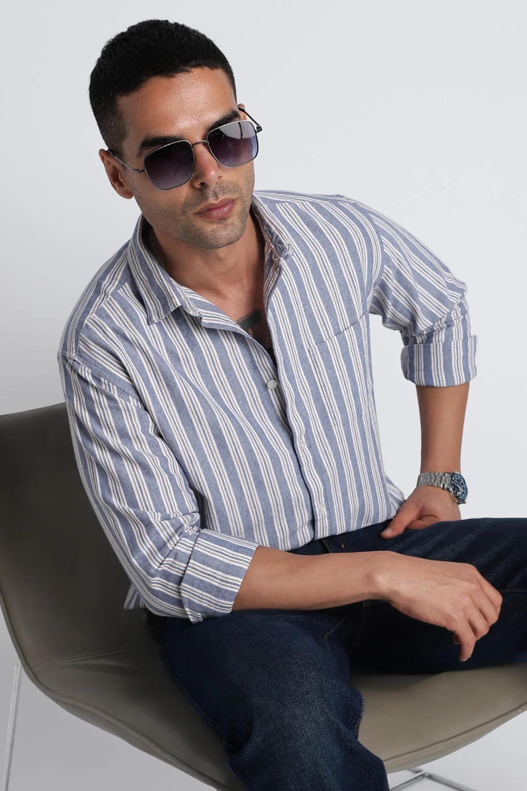 Indigo Blue Oxford Stripe Casual Shirt - Image 6