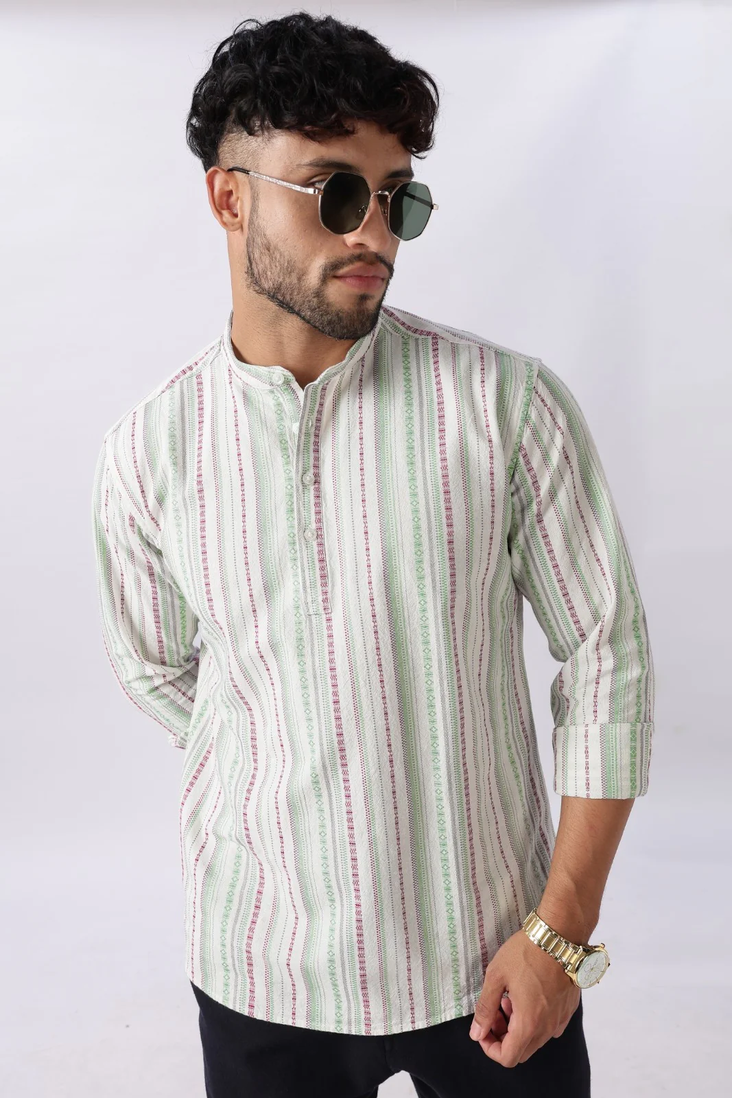 Ivory Green Dobby Stripe Short Kurta - Image 2