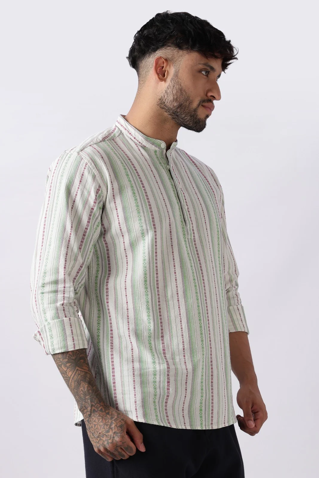 Ivory Green Dobby Stripe Short Kurta - Image 4