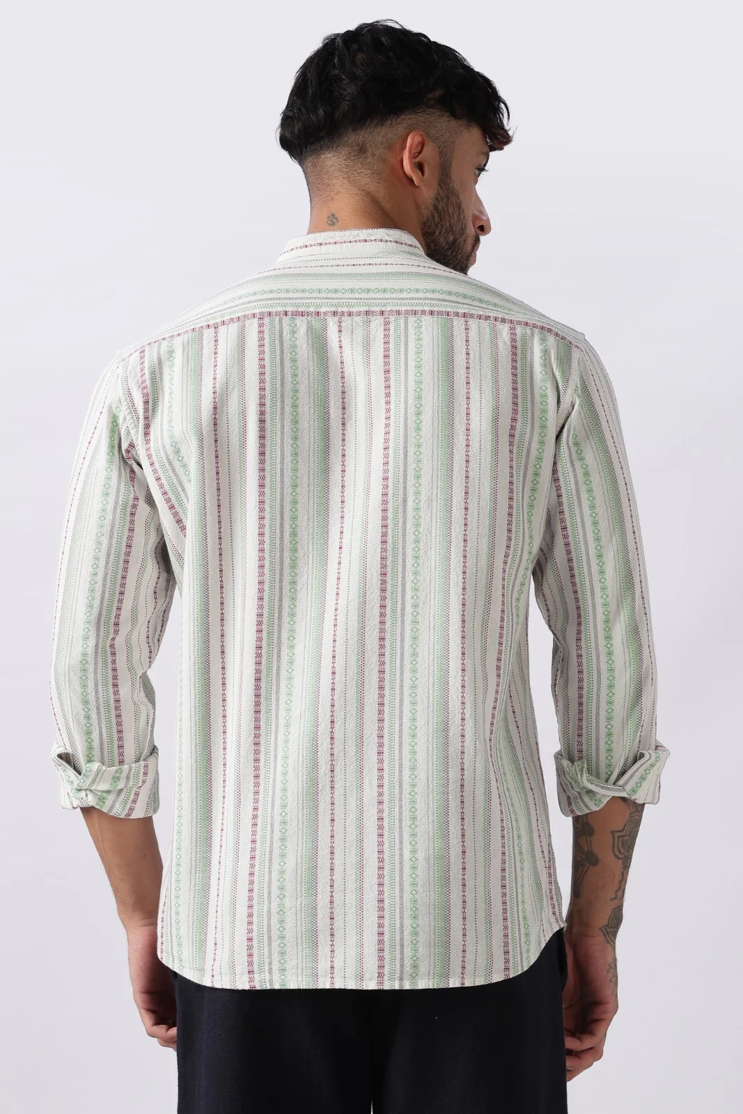 Ivory Green Dobby Stripe Short Kurta - Image 5