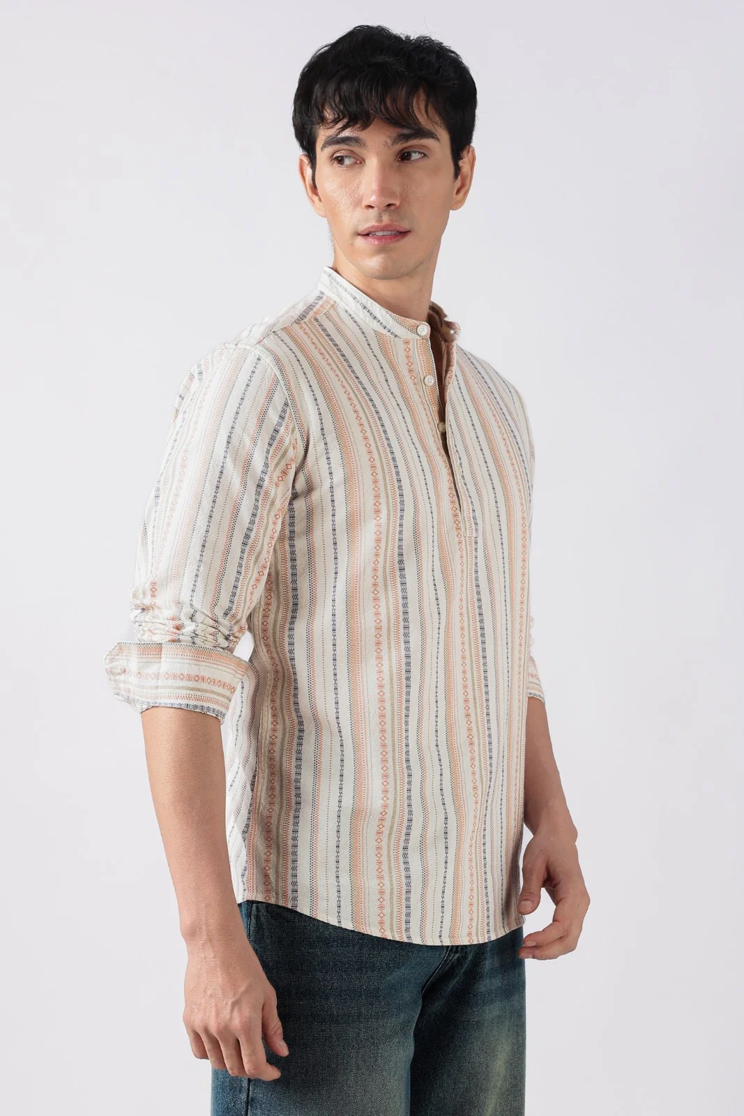 Ivory Orange Dobby Stripe Short Kurta - Image 4
