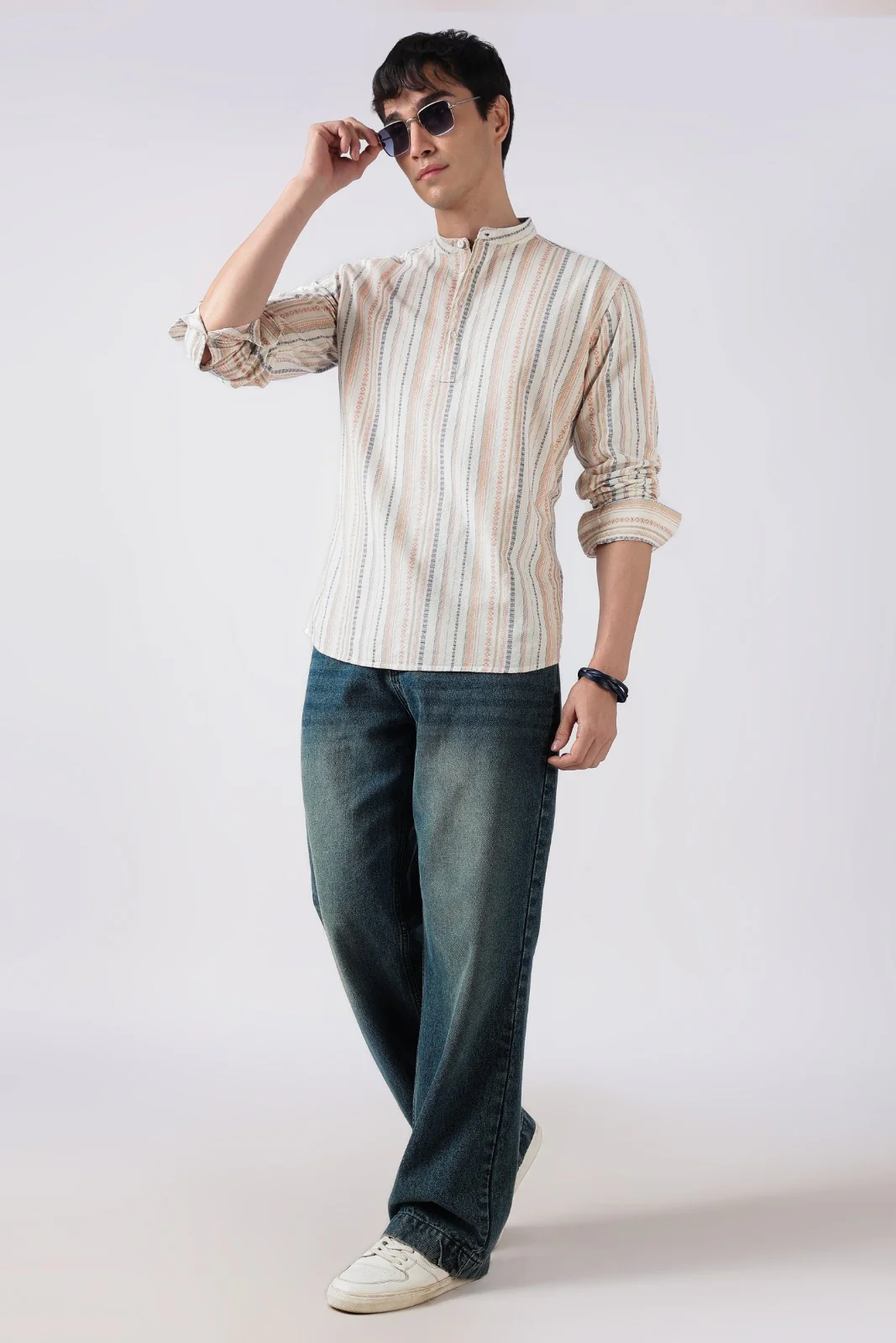 Ivory Orange Dobby Stripe Short Kurta - Image 6