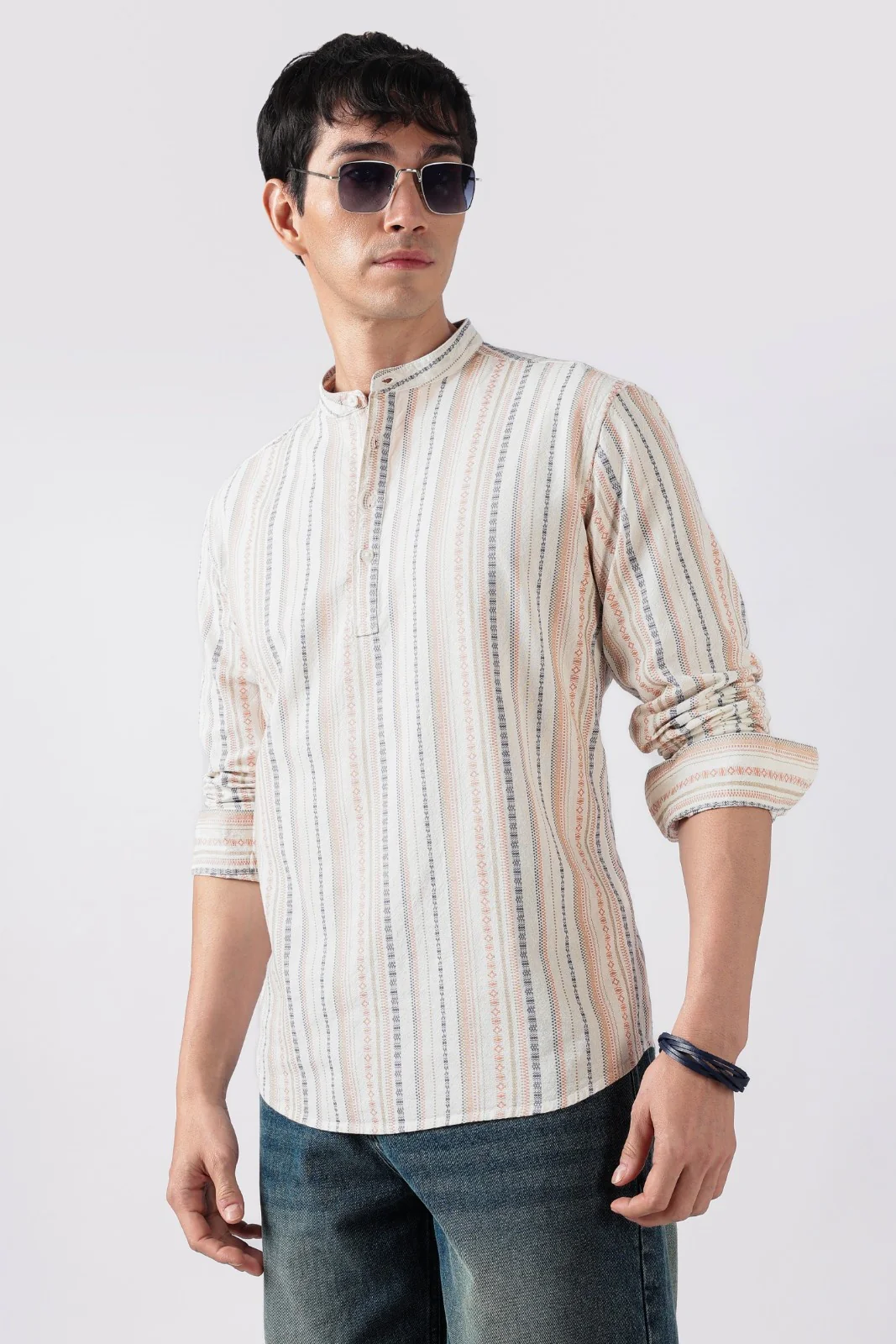 Ivory Orange Dobby Stripe Short Kurta - Image 7