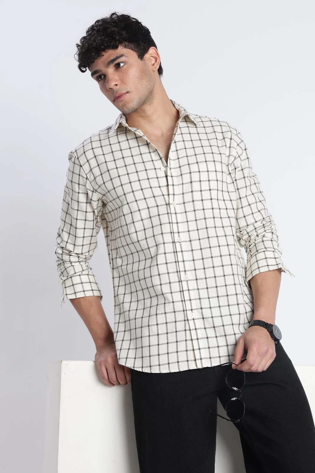 Ivory Twill Check Casual Shirt