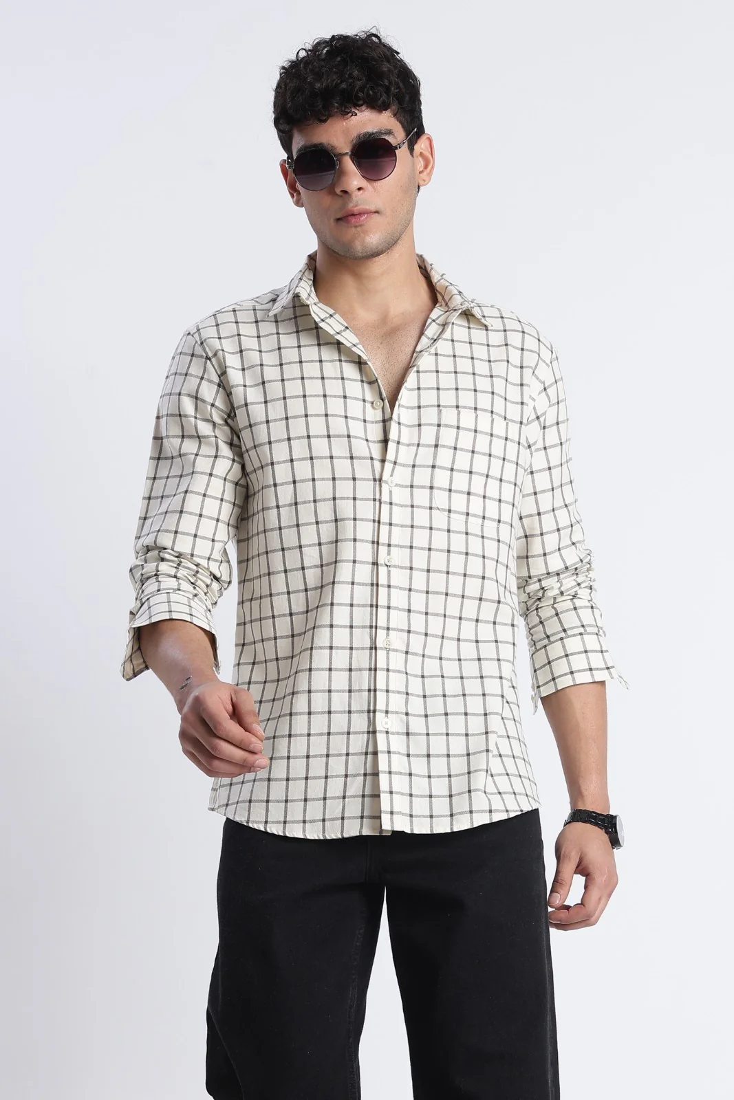 Ivory Twill Check Casual Shirt - Image 6