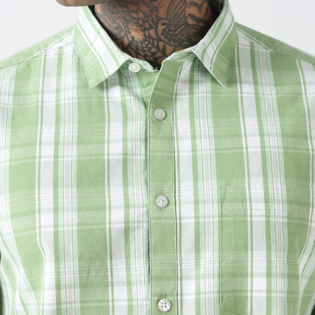 Leaf Green Check Cotton Casual Shirt - Image 3