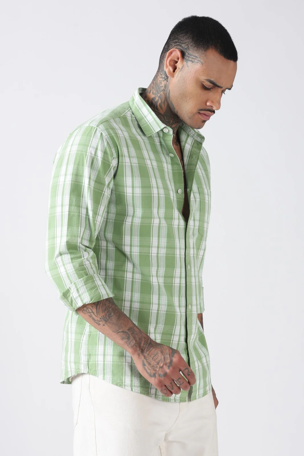 Leaf Green Check Cotton Casual Shirt - Image 5