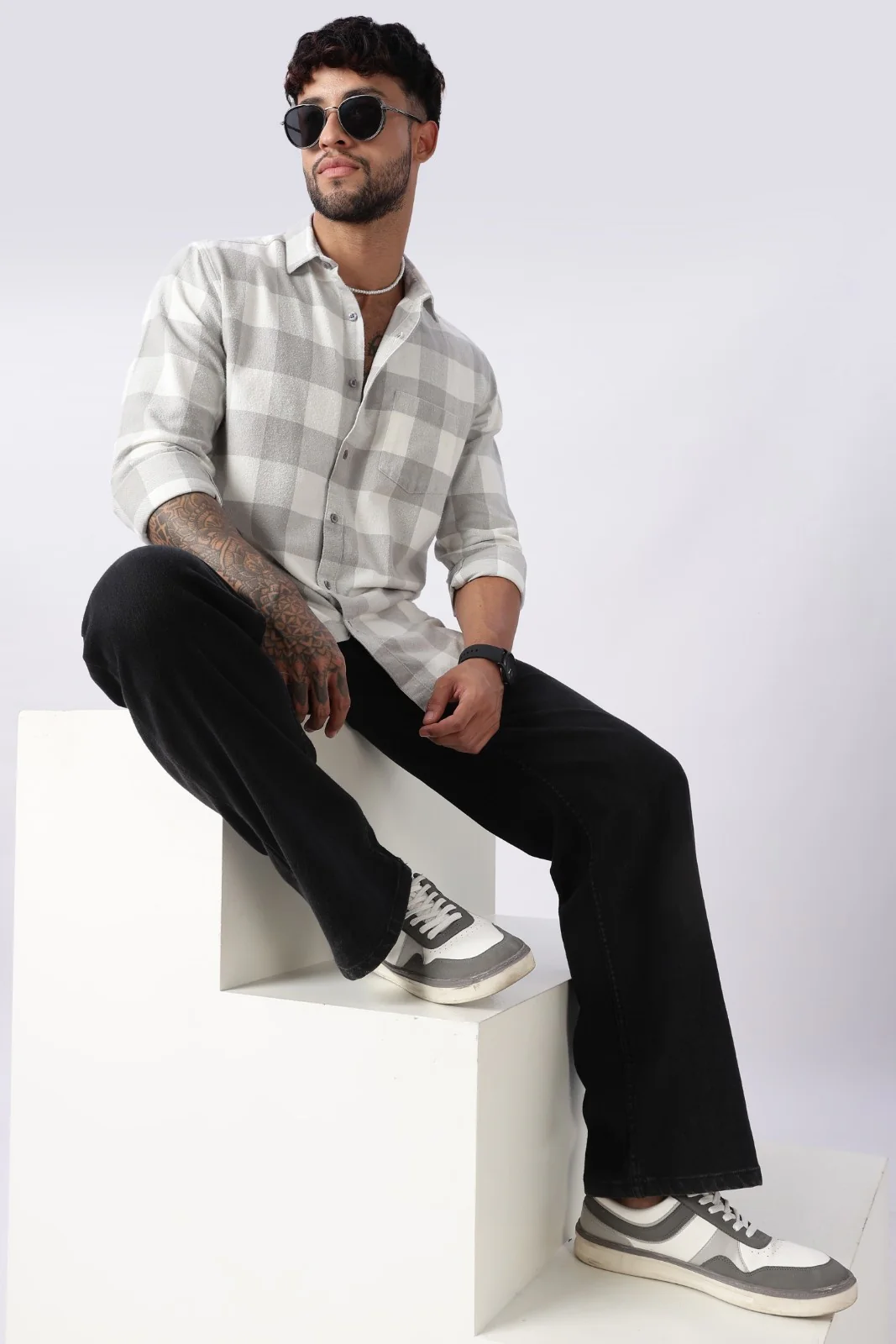 Mist Grey Buffalo Check Casual Shirt - Image 8