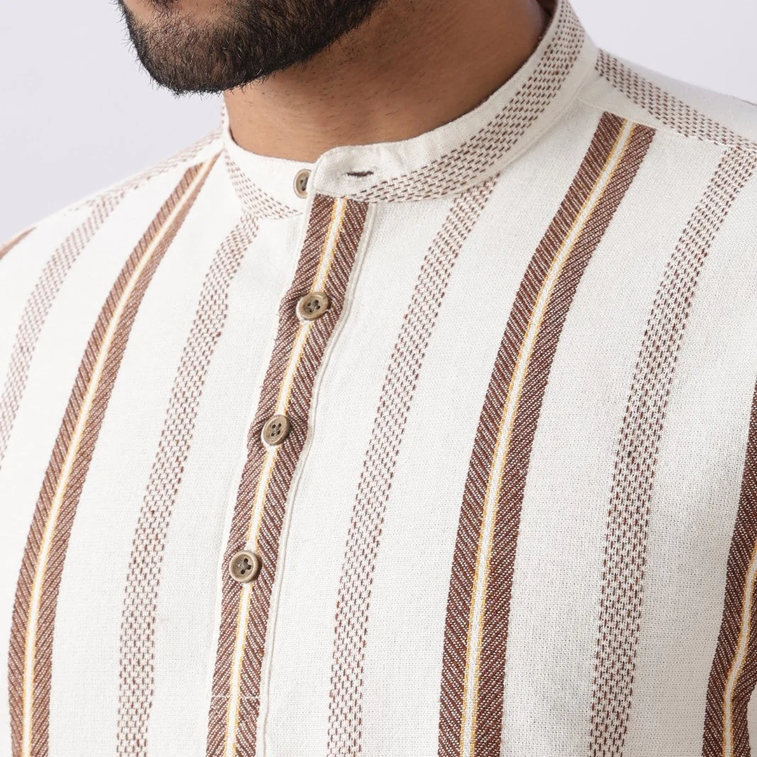 Off White Dobby Stripe Short Kurta - Image 3
