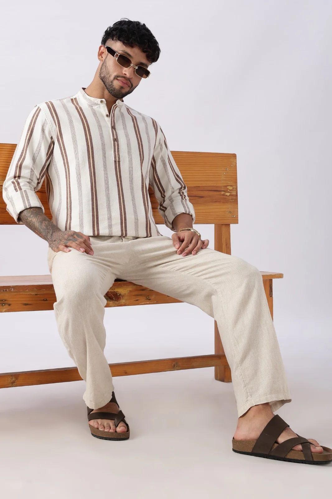 Off White Dobby Stripe Short Kurta - Image 7