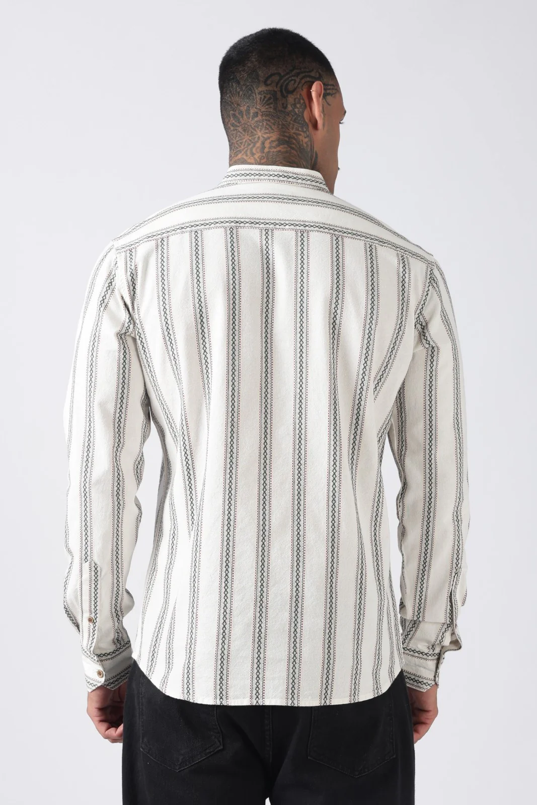 Off White Green Dobby Stripe Short Kurta - Image 5