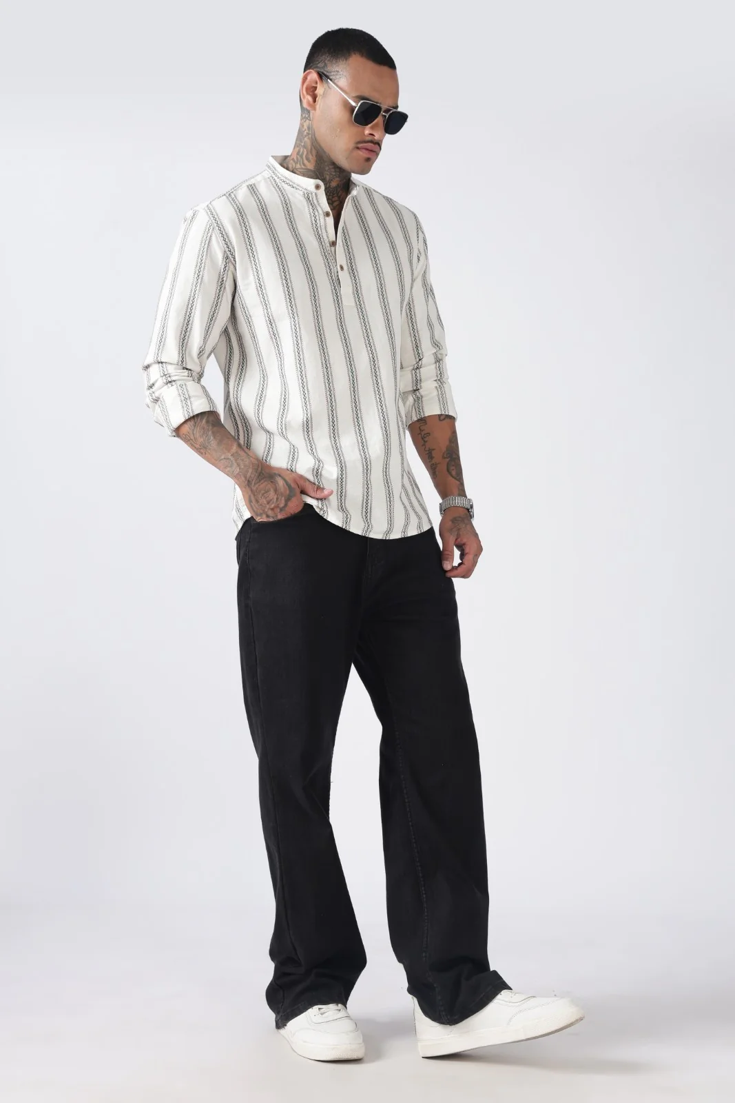 Off White Green Dobby Stripe Short Kurta - Image 6