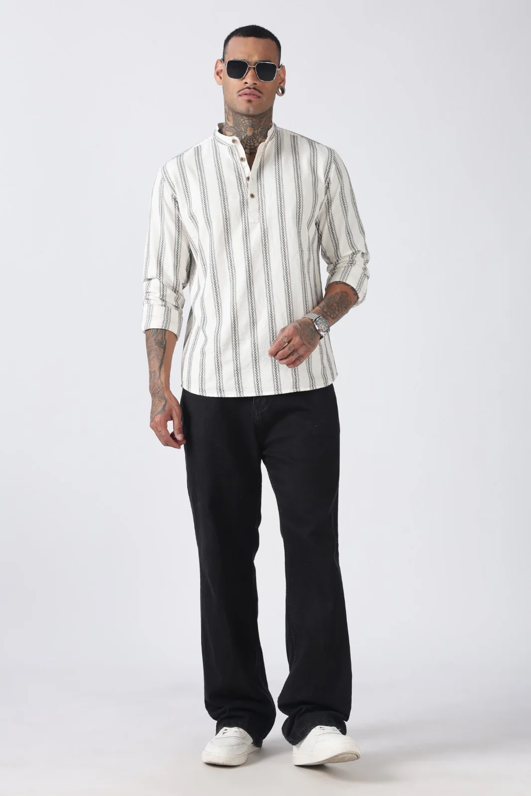 Off White Green Dobby Stripe Short Kurta - Image 8