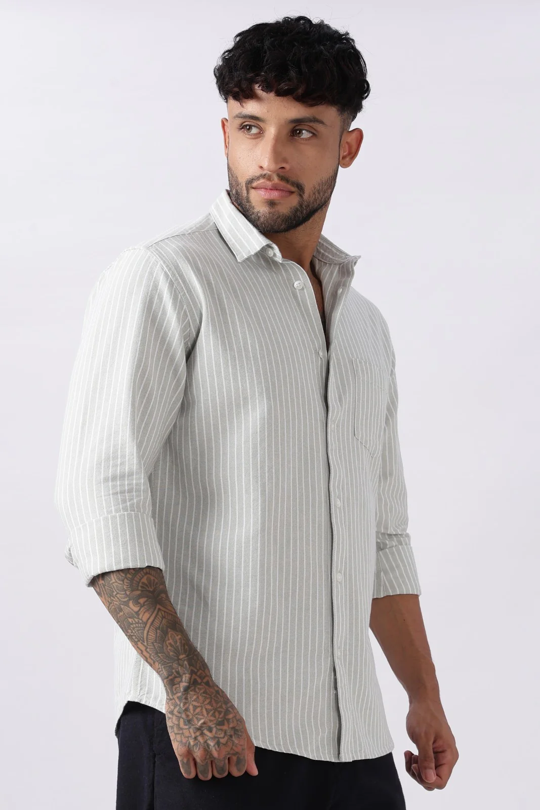 Pistachio Green Oxford Stripe Casual Shirt - Image 5