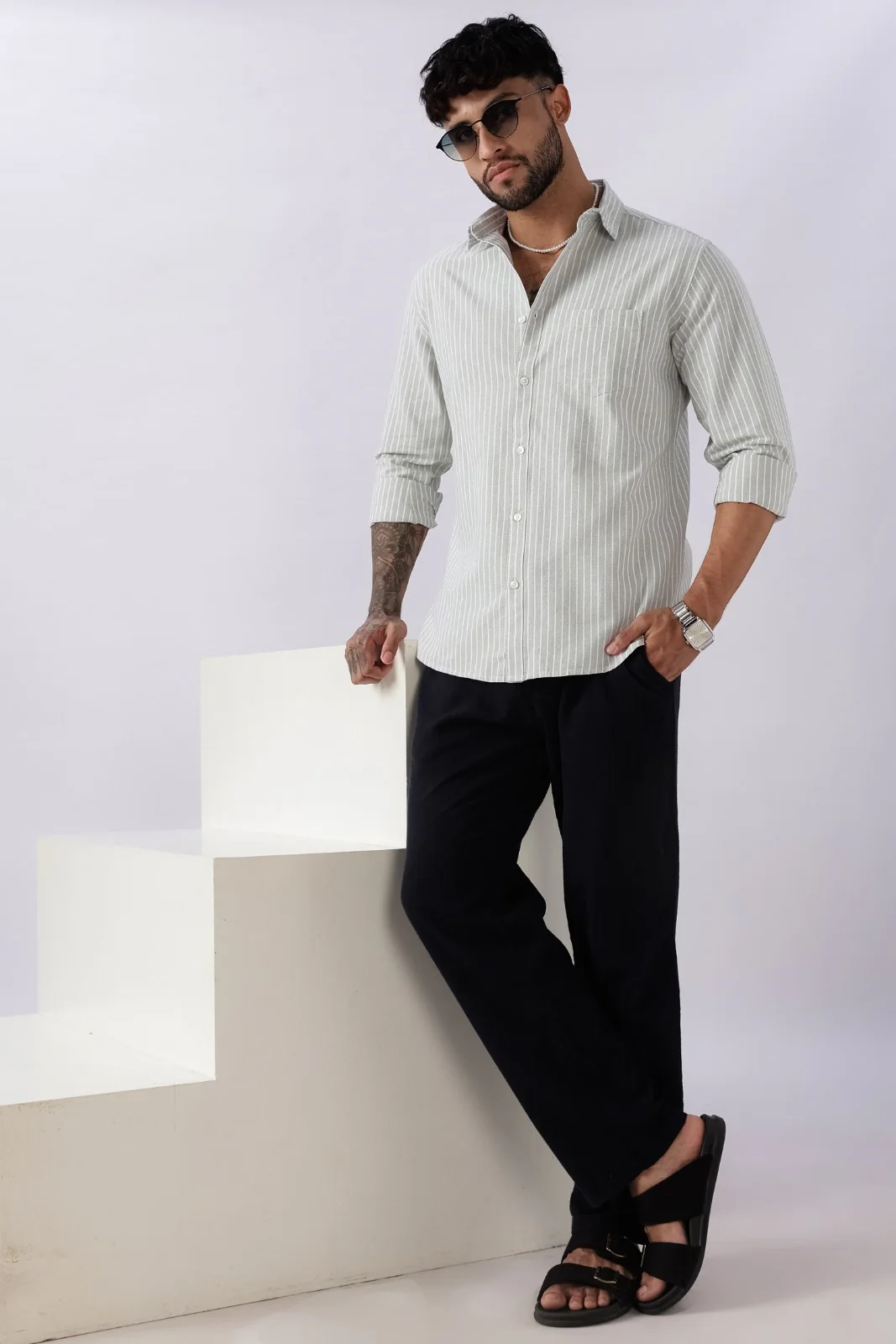 Pistachio Green Oxford Stripe Casual Shirt - Image 6