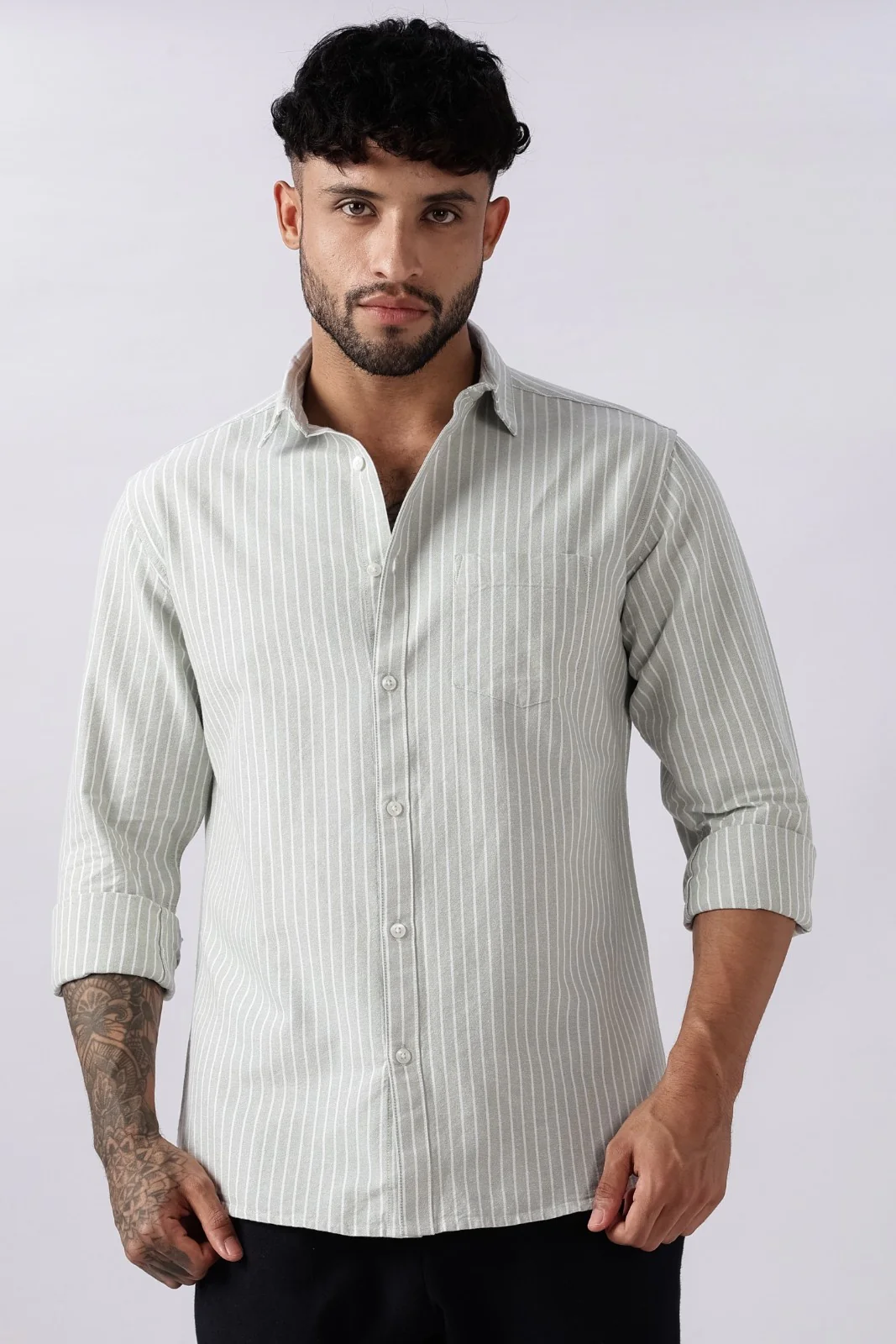 Pistachio Green Oxford Stripe Casual Shirt - Image 7