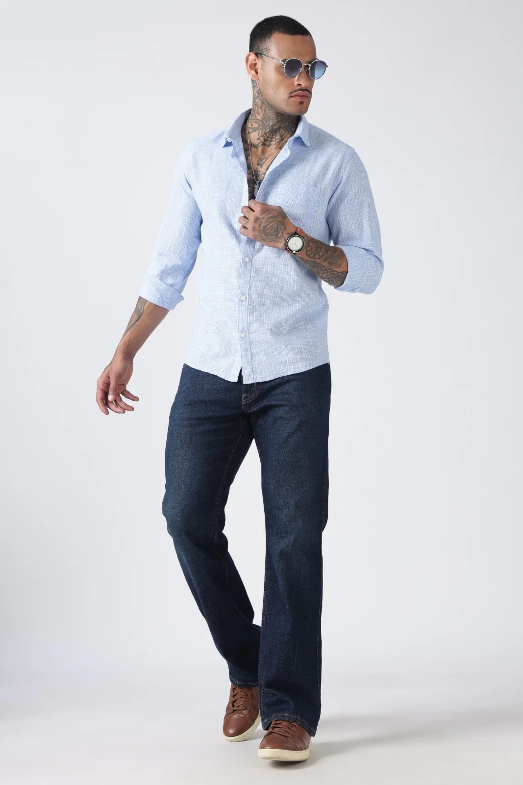 Powder Blue Micro-Check Cotton Shirt - Image 6