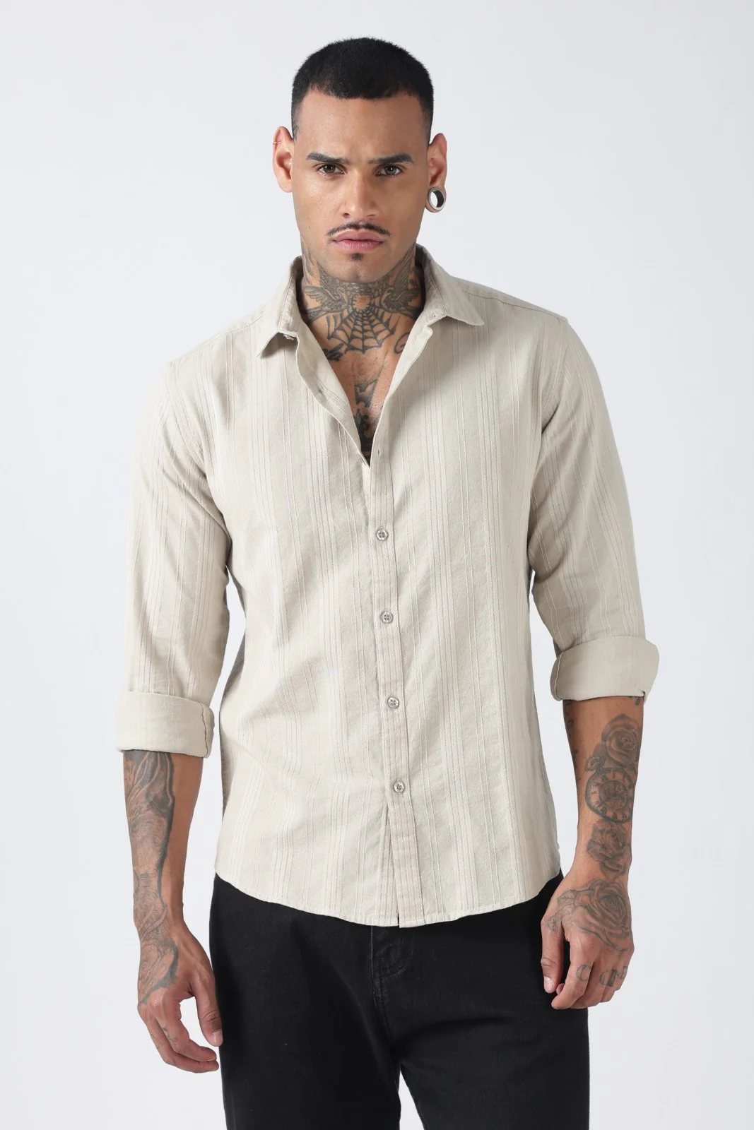 Sage Beige Textured Stripe Cotton Shirt - Image 2