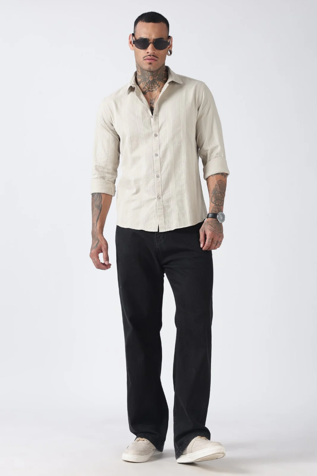 Sage Beige Textured Stripe Cotton Shirt - Image 6