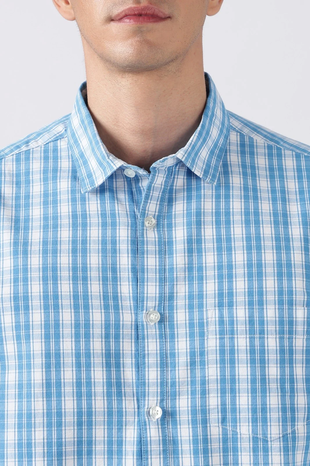 Sky Blue Check Cotton Casual Shirt - Image 3