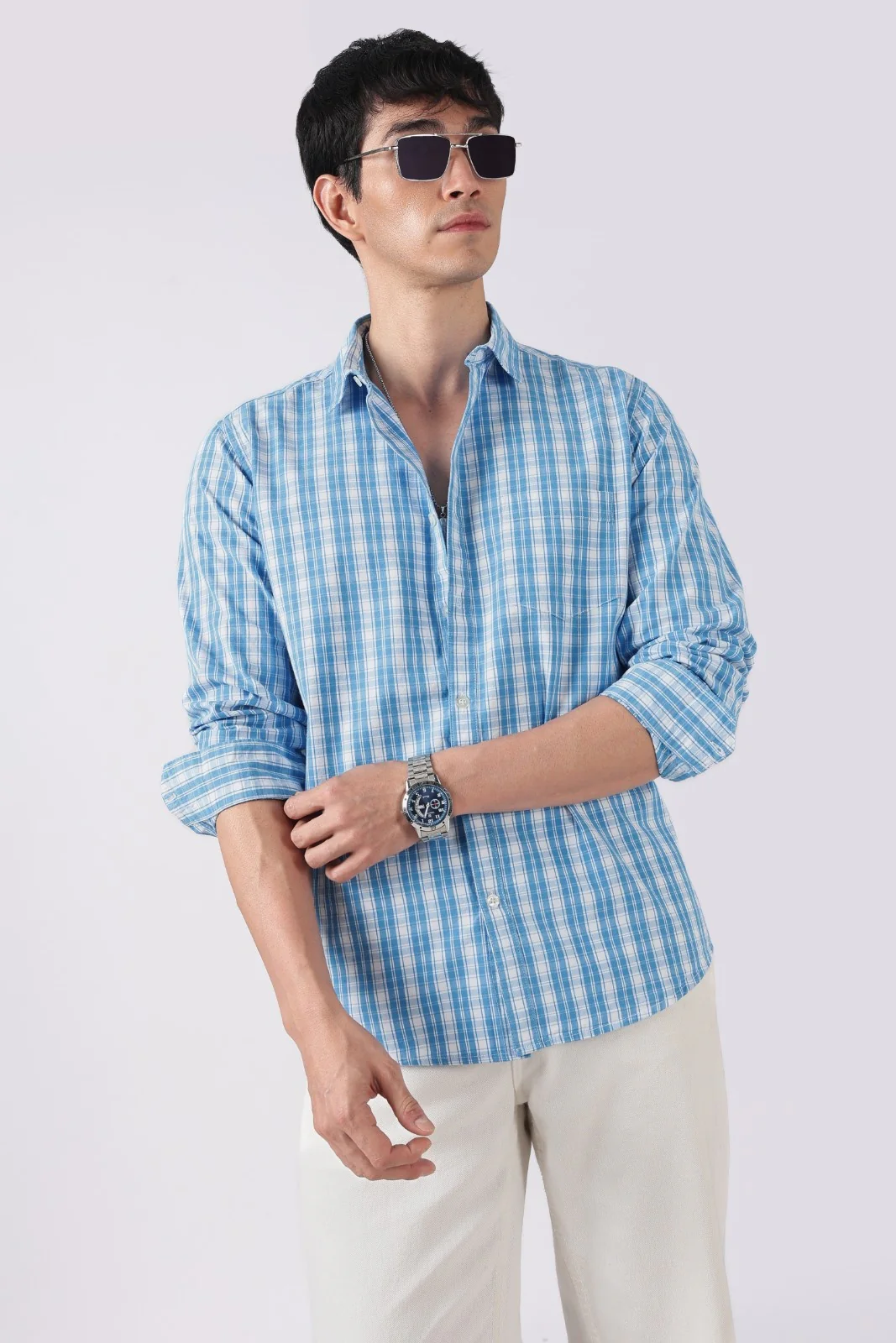 Sky Blue Check Cotton Casual Shirt - Image 5