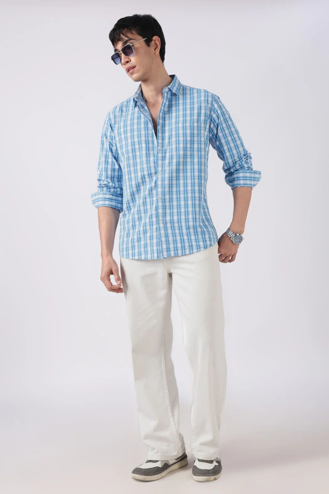 Sky Blue Check Cotton Casual Shirt - Image 6