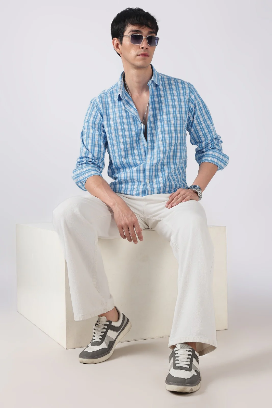 Sky Blue Check Cotton Casual Shirt - Image 7