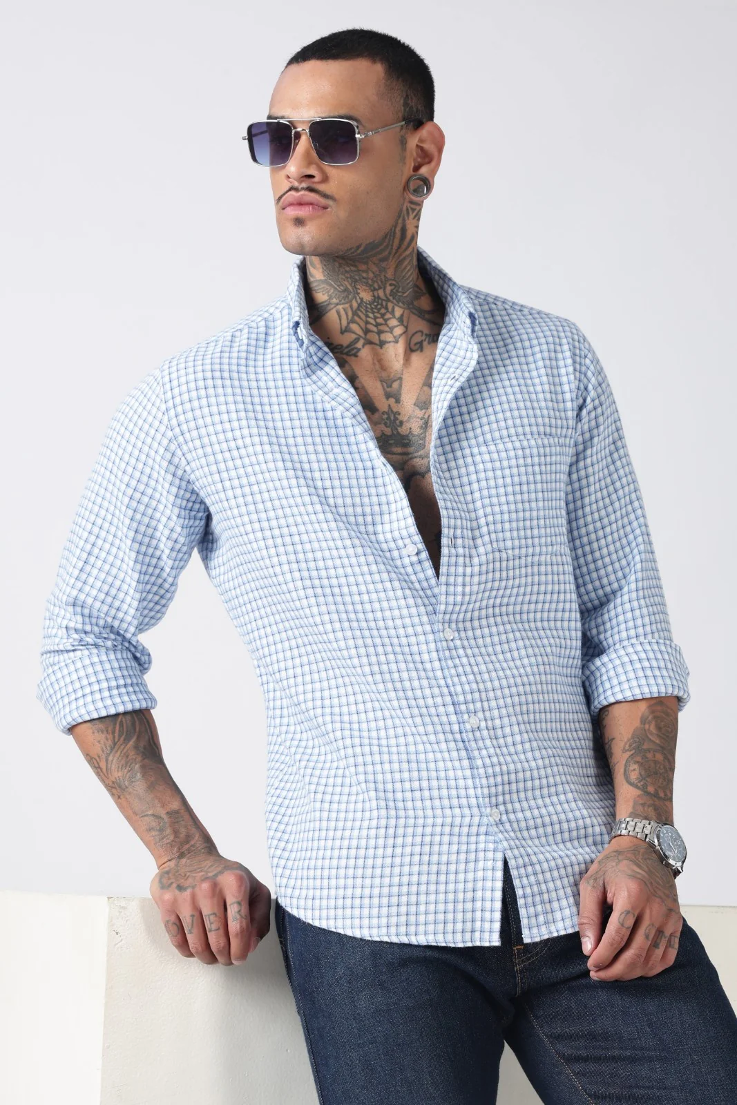 Sky Blue Gingham Check Casual Shirt - Image 2