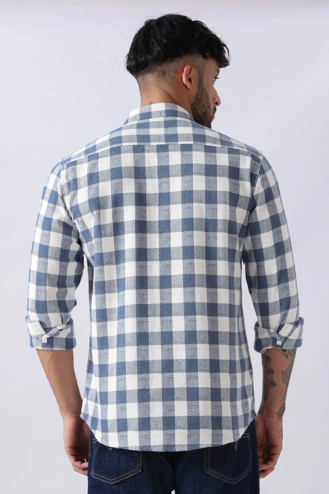 Slate Blue Dobby Check Casual Shirt - Image 5