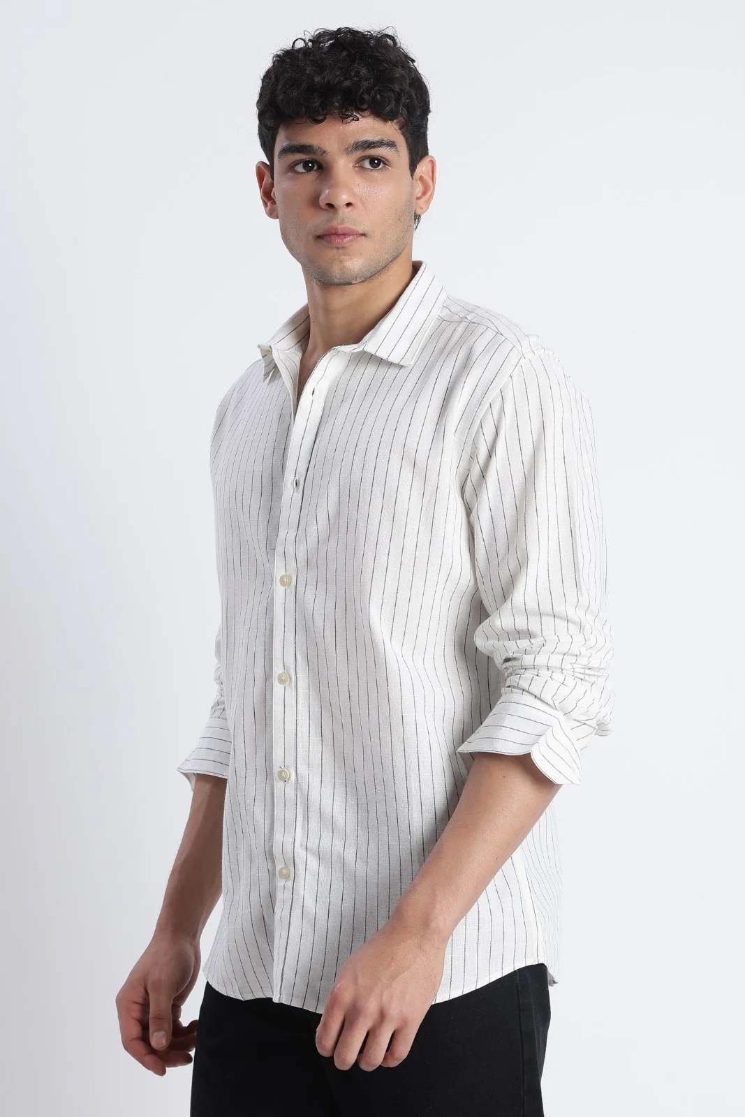 Soft White Pinstripe Linen Blend Shirt - Image 5
