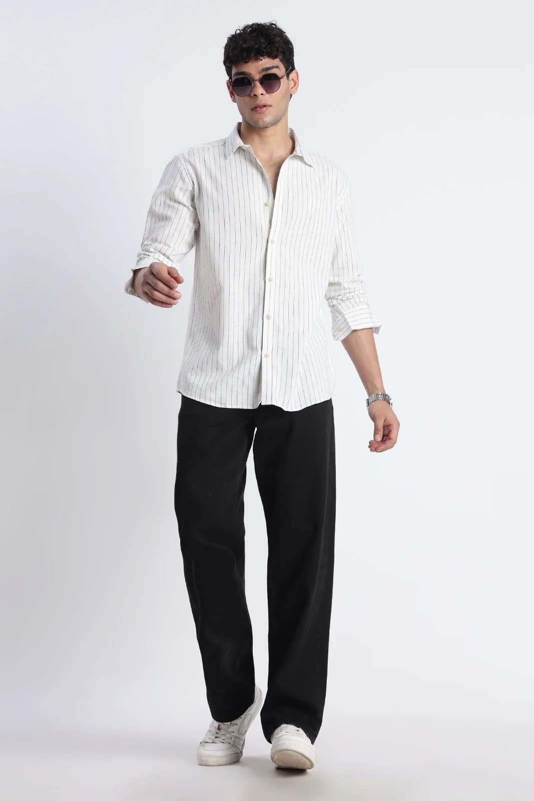Soft White Pinstripe Linen Blend Shirt - Image 6