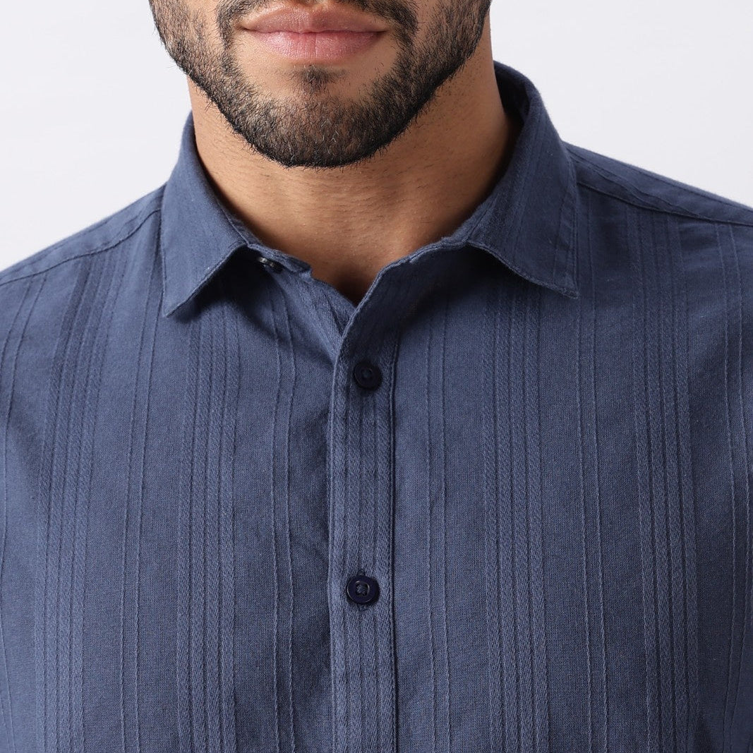Steel Blue Textured Stripe Cotton Shirt - Image 3