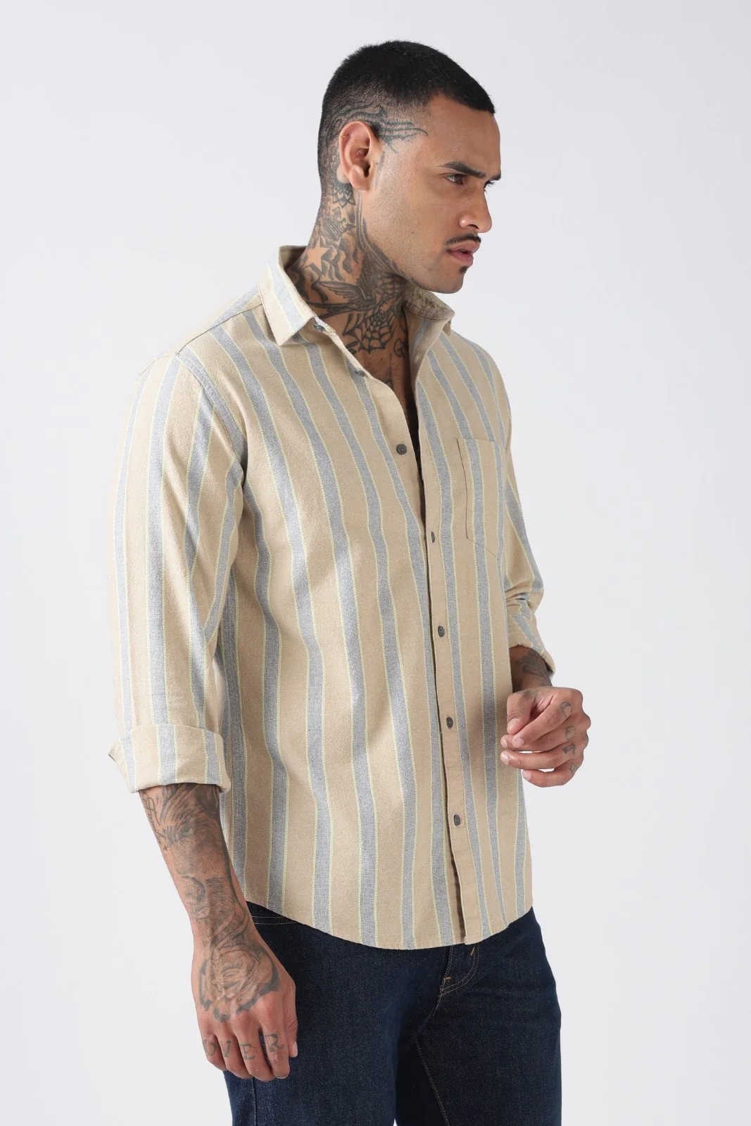 Stone Beige Soft Stripe Casual Shirt - Image 4