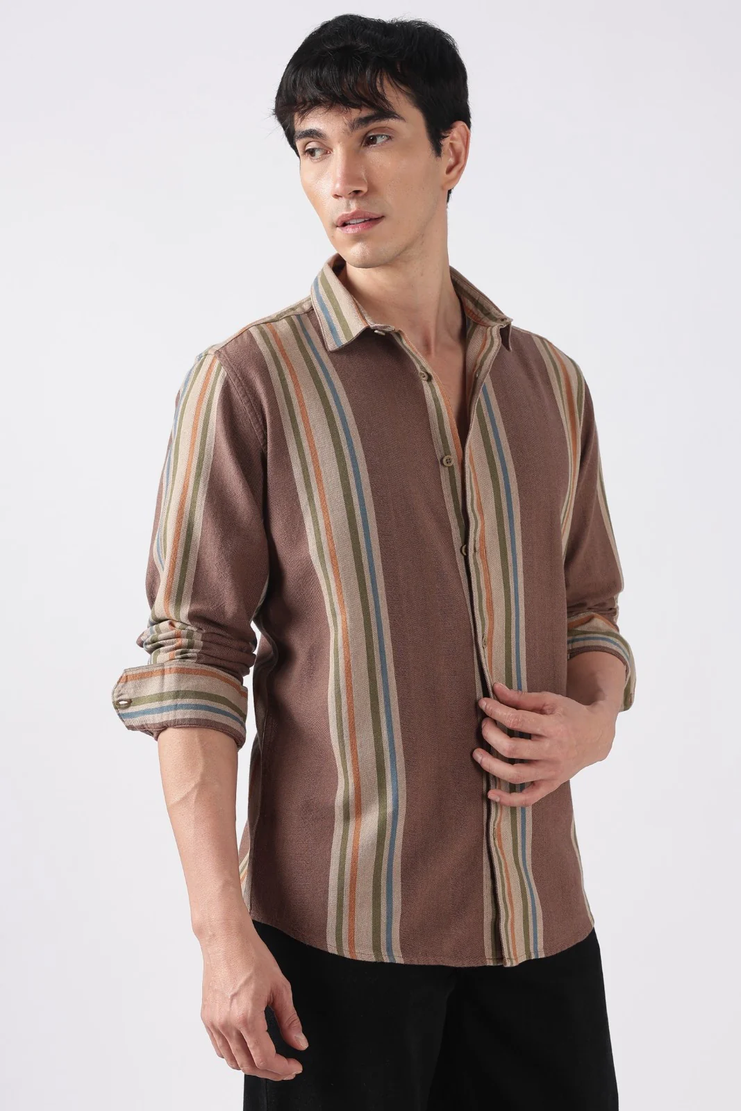 Taupe Brown Herringbone Casual Shirt - Image 4