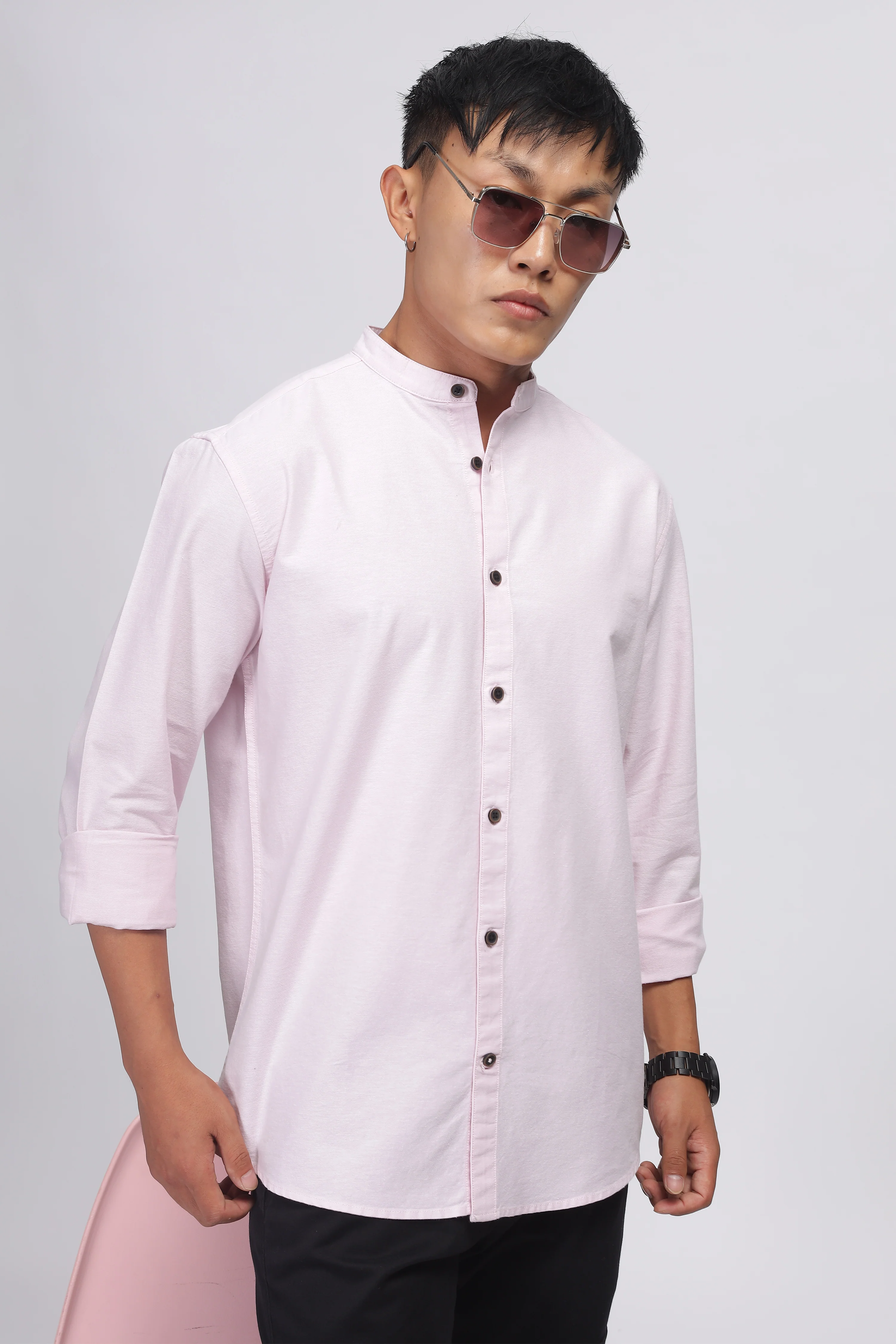 Uri Baby Pink Mandarin Collar Oxford Shirt - Image 8